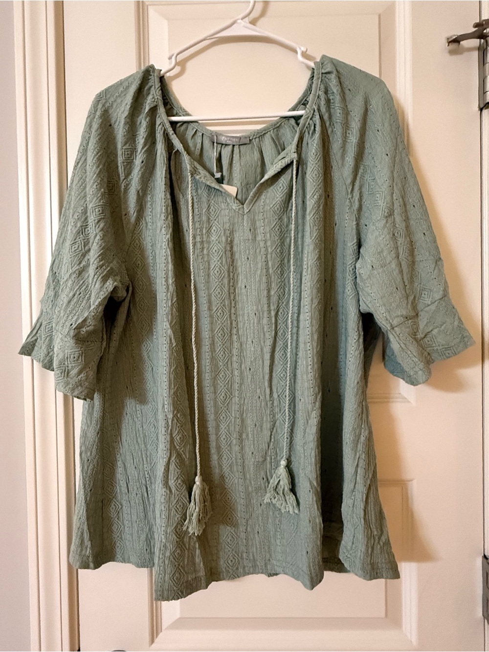 New With Tags Furnex Sage Green Tie-Neck Textured Peasant Blouse, XXL